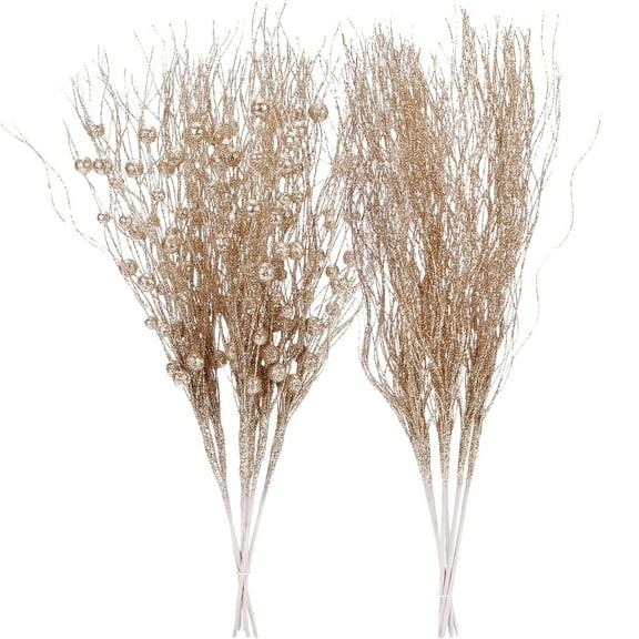 Sea Team 24-Pack Artificial Glitter Berry Stem Ornaments, Decorative Bead Sticks, Glittery Twigs, Picks, Branches for Christmas Tree, Small Vase, Holiday, Wedding, Party (15 Inches, Champagne)