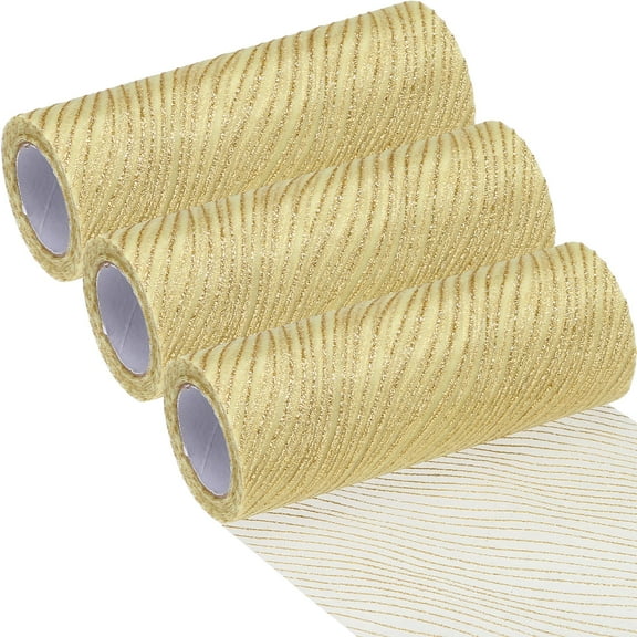 Sea Team 3-Pack 6-Inch-Wide Sheer Glitter Yarn Ribbon, Decorative Mesh Ribbon for Christmas Trees, Wreaths, Garlands, Art Crafts, Seasonal Decorations (10-Yard/Pack, Gold)