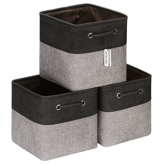 Sea Team 3-Pack Cubic Storage Basket Set, Storage Cube Organizer, Clothes Toys Bin, 11 x 11 x 11 Inches, Big Square Canvas Fabric Collapsible Shelf Box with Handles, Grey & Black