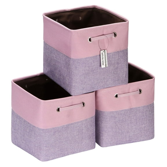 Sea Team 3-Pack Cubic Storage Basket Set, Storage Cube Organizer, Clothes Toys Bin, 11 x 11 x 11 Inches, Big Square Canvas Fabric Collapsible Shelf Box with Handles, Lavender & Orchid
