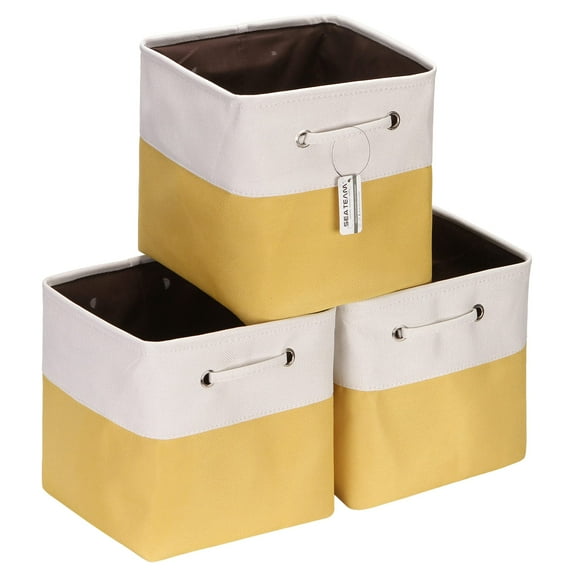 Sea Team 3-Pack Cubic Storage Basket Set, Storage Cube Organizer, Clothes Toys Bin, 11 x 11 x 11 Inches, Big Square Canvas Fabric Collapsible Shelf Box with Handles, Yellow & White