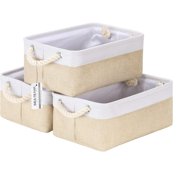 Sea Team 3-Pack Small Storage Basket Set, Storage Cube Organizer, Storage Bins, 12 x 8 x 5 Inches, Rectangle Canvas Fabric Collapsible Shelf Box with Handles, Beige & White