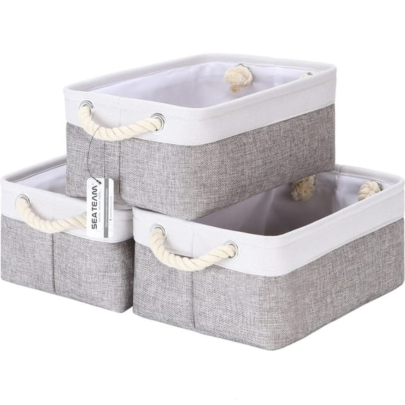 Sea Team 3-Pack Small Storage Basket Set, Storage Cube Organizer, Storage Bins, 12 x 8 x 5 Inches, Rectangle Canvas Fabric Collapsible Shelf Box with Handles, Grey & White