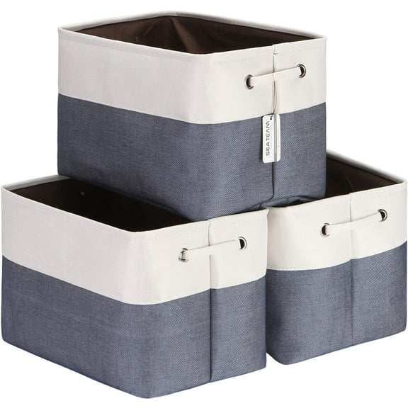 Sea Team 3-Pack Large Storage Basket Set, Trunk Organizer, Clothes Toys Bin, 15 x 10 x 10 Inches, Big Rectangular Canvas Fabric Collapsible Shelf Box with Handles, Denim & White
