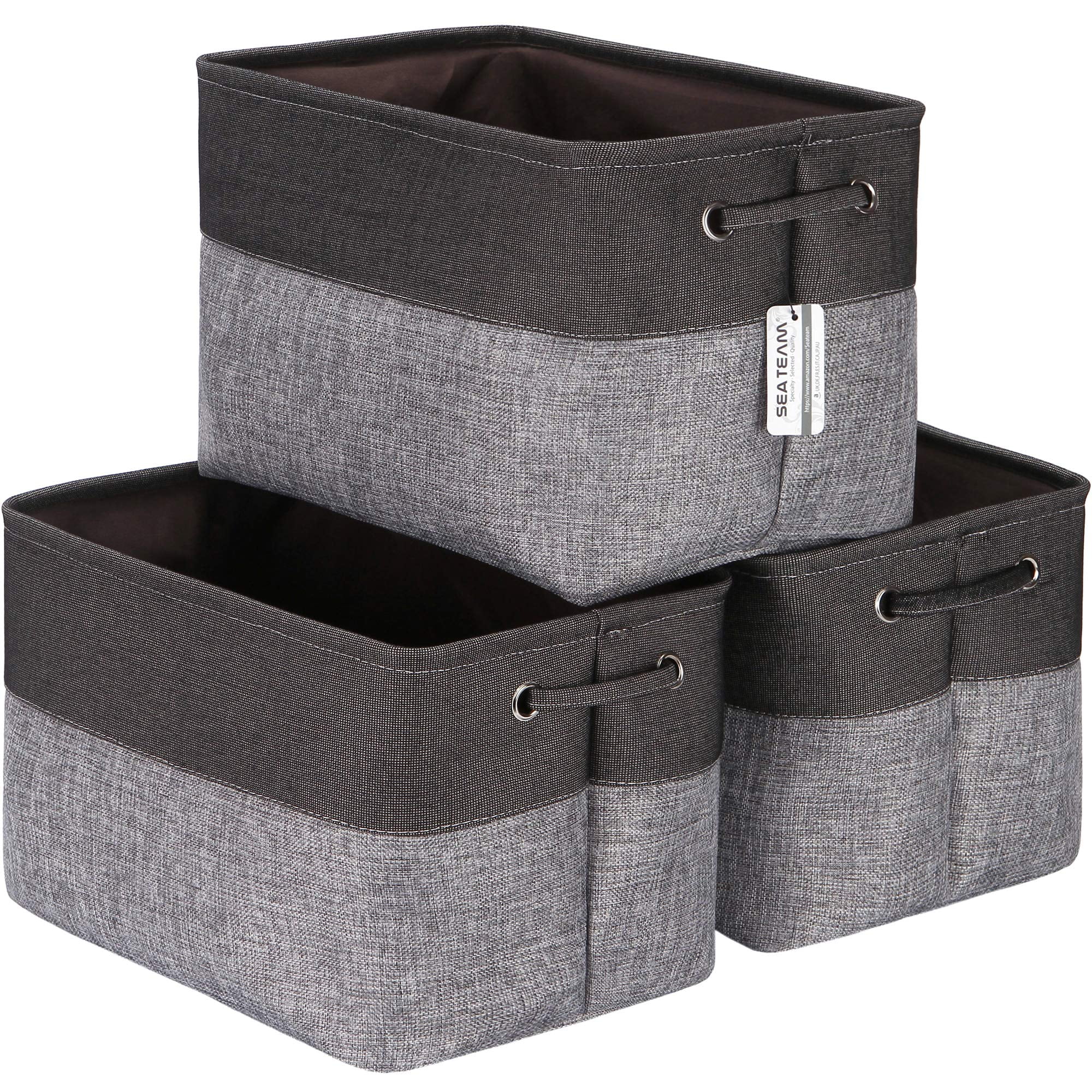Sea Team 3-Pack Large Storage Basket Set, Trunk Organizer, Clothes Toys Bin, 15 x 10 x 10 Inches, Big Rectangular Canvas Fabric Collapsible Shelf Box with Handles, Grey & Black
