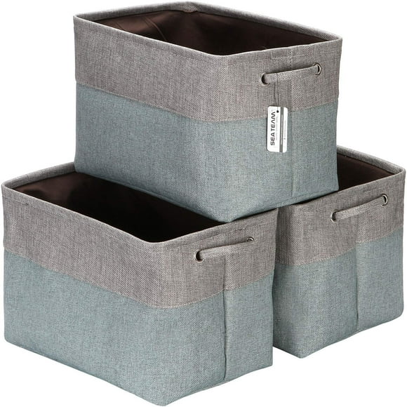 Sea Team 3-Pack Large Storage Basket Set, Trunk Organizer, Clothes Toys Bin, 15 x 10 x 10 Inches, Big Rectangular Canvas Fabric Collapsible Shelf Box with Handles, Stone Blue & Grey