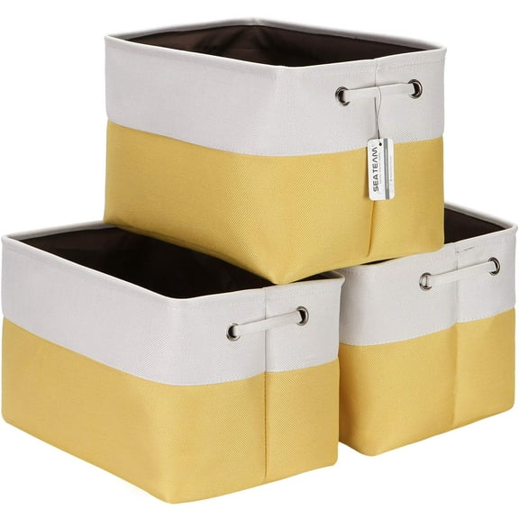 Sea Team 3-Pack Large Storage Basket Set, Trunk Organizer, Clothes Toys Bin, 15 x 10 x 10 Inches, Big Rectangular Canvas Fabric Collapsible Shelf Box with Handles, Yellow & White