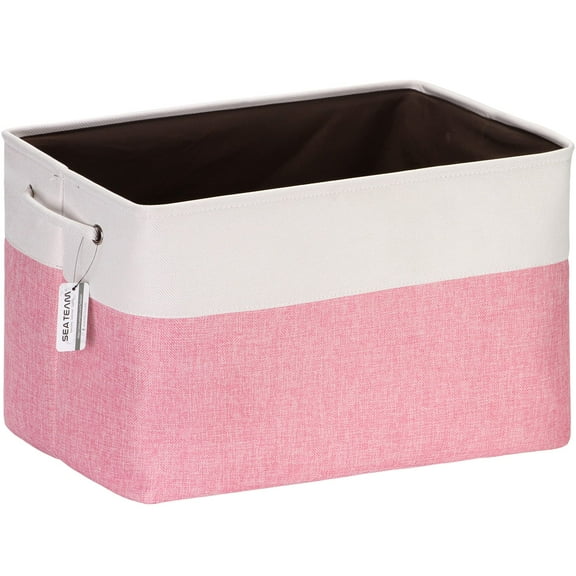 Sea Team 3-Pack Extra Large Storage Basket Set, Trunk Organizer, Clothes Toys Bin, 22 x 15 x 13 Inches, Rectangular Canvas Fabric Collapsible Shelf Box with Handles, Pink & White