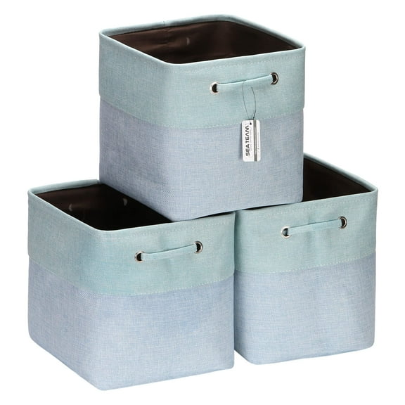 Sea Team 3-Pack Cubic Storage Basket Set, Storage Cube Organizer, Clothes Toys Bin, 11 x 11 x 11 Inches, Big Square Canvas Fabric Collapsible Shelf Box with Handles, Baby Blue & Mint