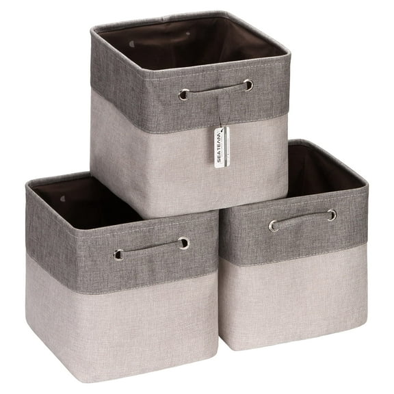 Sea Team 3-Pack Cubic Storage Basket Set, Storage Cube Organizer, Clothes Toys Bin, 11 x 11 x 11 Inches, Big Square Canvas Fabric Collapsible Shelf Box with Handles, Ash Grey & Grey