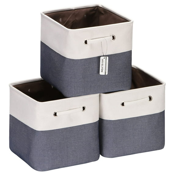 Sea Team 3-Pack Cubic Storage Basket Set, Storage Cube Organizer, Clothes Toys Bin, 11 x 11 x 11 Inches, Big Square Canvas Fabric Collapsible Shelf Box with Handles, Denim & White