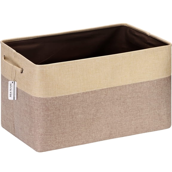 Sea Team 3-Pack Extra Large Storage Basket Set, Trunk Organizer, Clothes Toys Bin, 22 x 15 x 13 Inches, Rectangular Canvas Fabric Collapsible Shelf Box with Handles, Tan & Beige