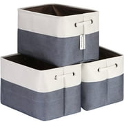 Sea Team 3-Pack Large Canvas Fabric Storage Bin Set, Cloth Storage Baskets, Shelf Baskets, 15 x 10 x 10 Inches, Rectangular Collapsible Cubic Organizers with Handles for Kids Room (Denim&White)