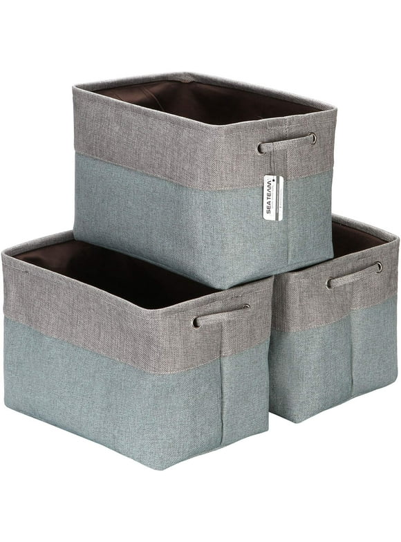 Sea Team 3-Pack Large Canvas Fabric Storage Bin Set, Cloth Storage Baskets, Shelf Baskets, 15 x 10 x 10 Inches, Rectangular Collapsible Cubic Organizers with Handles for Kids Room (Stone Blue&Grey)