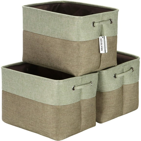 Sea Team 3-Pack Large Storage Basket Set, Trunk Organizer, Clothes Toys Bin, 15 x 10 x 10 Inches, Big Rectangular Canvas Fabric Collapsible Shelf Box with Handles, Olive & Lime