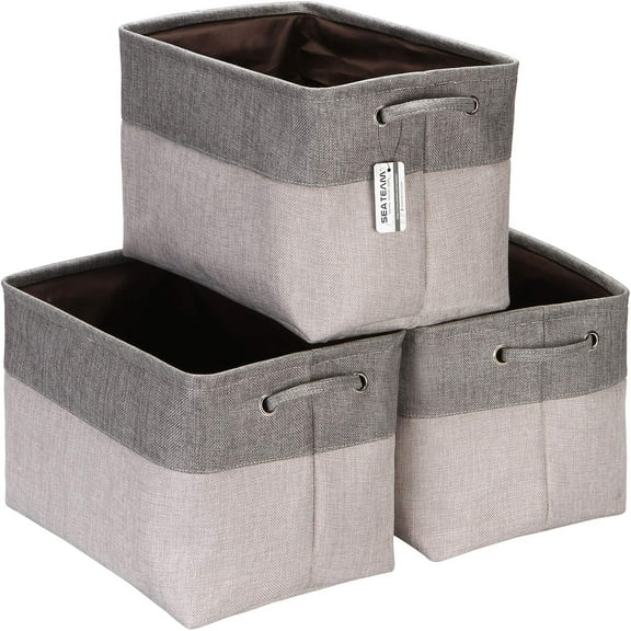 Sea Team 3-Pack Large Storage Basket Set, Trunk Organizer, Clothes Toys Bin, 15 x 10 x 10 Inches, Big Rectangular Canvas Fabric Collapsible Shelf Box with Handles, Ash Grey & Grey