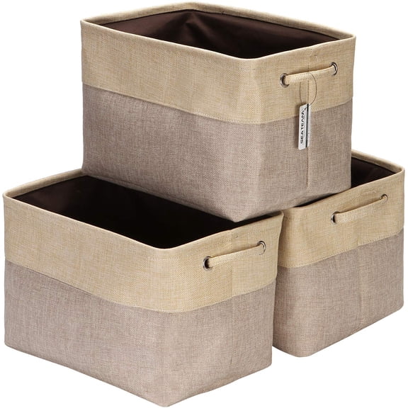 Sea Team 3-Pack Large Storage Basket Set, Trunk Organizer, Clothes Toys Bin, 15 x 10 x 10 Inches, Big Rectangular Canvas Fabric Collapsible Shelf Box with Handles, Tan & Beige
