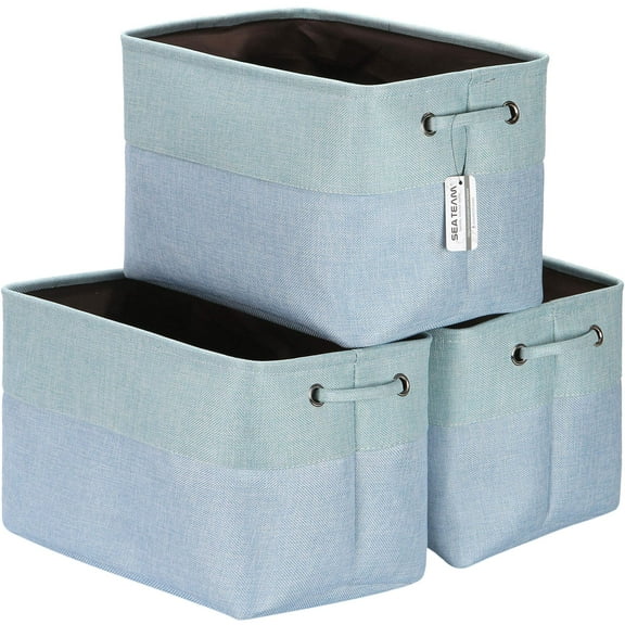 Sea Team 3-Pack Large Storage Basket Set, Trunk Organizer, Clothes Toys Bin, 15 x 10 x 10 Inches, Big Rectangular Canvas Fabric Collapsible Shelf Box with Handles, Baby Blue & Mint