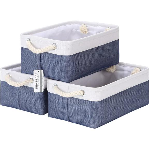 Sea Team 3-Pack Small Storage Basket Set, Storage Cube Organizer, Storage Bins, 12 x 8 x 5 Inches, Rectangle Canvas Fabric Collapsible Shelf Box with Handles, Denim & White