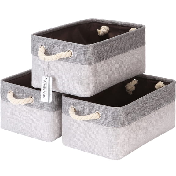 Sea Team 3-Pack Small Storage Basket Set, Storage Cube Organizer, Storage Bins, 12 x 8 x 5 Inches, Rectangle Canvas Fabric Collapsible Shelf Box with Handles, Ash Grey & Grey