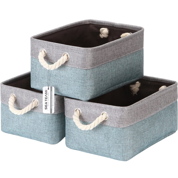 Sea Team 3-Pack Small Storage Basket Set, Storage Cube Organizer, Storage Bins, 12 x 8 x 5 Inches, Rectangle Canvas Fabric Collapsible Shelf Box with Handles, Stone Blue & Grey