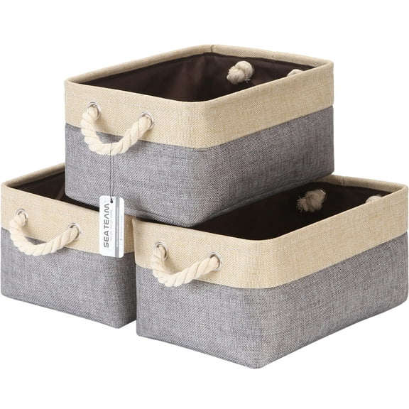Sea Team 3-Pack Small Storage Basket Set, Storage Cube Organizer, Storage Bins, 12 x 8 x 5 Inches, Rectangle Canvas Fabric Collapsible Shelf Box with Handles, Grey & Beige