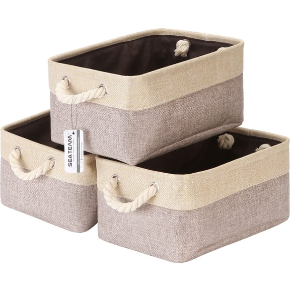 Sea Team 3-Pack Small Storage Basket Set, Storage Cube Organizer, Storage Bins, 12 x 8 x 5 Inches, Rectangle Canvas Fabric Collapsible Shelf Box with Handles, Tan & Beige