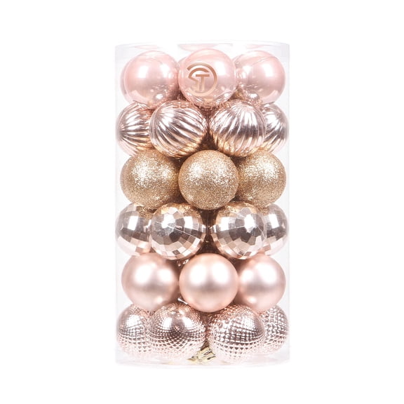 Sea Team 41-Pack Christmas Ball Ornaments with Strings, 40mm/1.57-Inch Small Size Baubles, Shatterproof Plastic Christmas Bulbs, Hanging Decorations for Xmas Tree, Holiday, Wedding, Party, Rose Gold