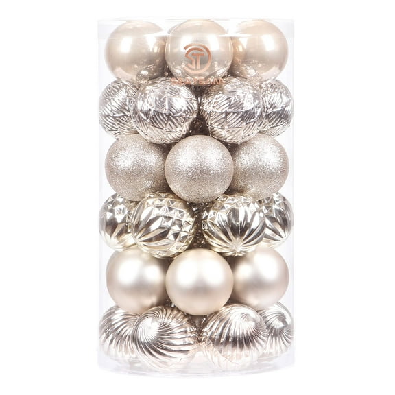 Sea Team 41-Pack Christmas Ball Ornaments with Strings, 60mm/2.36-Inch Medium Size Baubles, Shatterproof Plastic Christmas Bulbs, Hanging Decorations for Xmas Tree, Holiday, Wedding, Party, Champagne