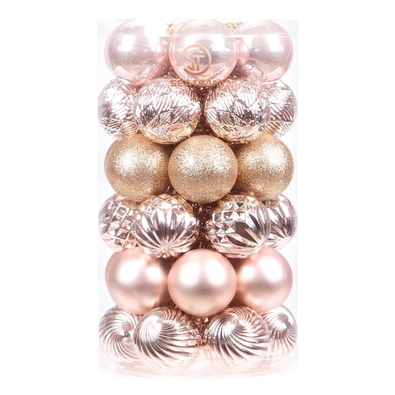 Sea Team 41-Pack Christmas Ball Ornaments with Strings, 60mm/2.36-Inch Medium Size Baubles, Shatterproof Plastic Christmas Bulbs, Hanging Decorations for Xmas Tree, Holiday, Wedding, Party, Rose Gold
