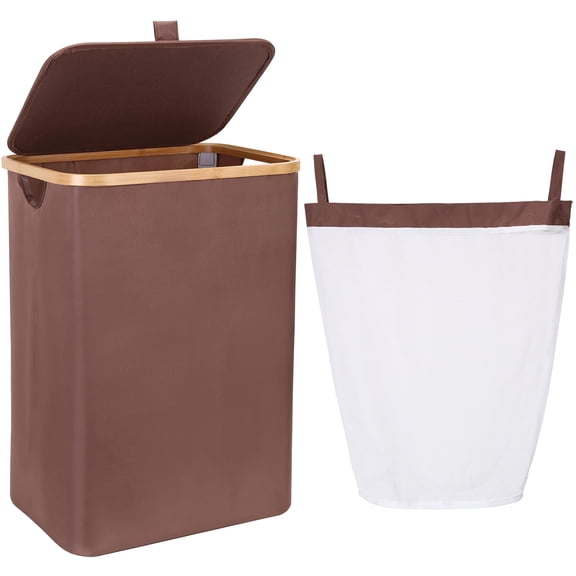 Sea Team 66L Large Capacity Laundry Hamper with Lid, Removable Bag & Bamboo Handles, Foldable Dirty Clothes Bin for Bathroom, Bedroom, Dorm & Closet, Brown