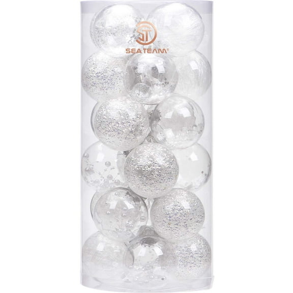 Sea Team 70mm/2.76" Shatterproof Clear Plastic Christmas Ball Ornaments Decorative Xmas Balls Baubles Set with Stuffed Delicate Decorations (24 Counts, White)