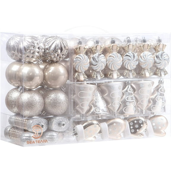 Sea Team 77-Pack Assorted Shatterproof Christmas Balls Christmas Ornaments Set Decorative Baubles Pendants with Reusable Hand-held Gift Package for Xmas Tree (Champagne)