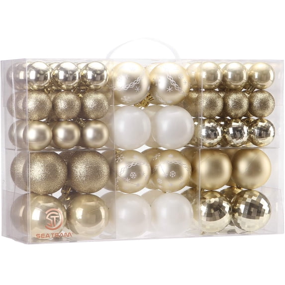 Sea Team 86 Pieces of Assorted Christmas Ball Ornaments Shatterproof Seasonal Decorative Hanging Baubles Set with Reusable Hand-held Gift Package for Holiday Xmas Tree Decorations, Gold