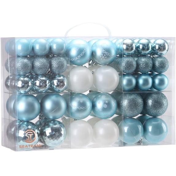 Sea Team 86 Pieces of Assorted Christmas Ball Ornaments Shatterproof Seasonal Decorative Hanging Baubles Set with Reusable Hand-held Gift Package for Holiday Xmas Tree Decorations, Baby-Blue