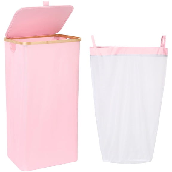 Sea Team 90L Extra Large Capacity Laundry Hamper with Lid, Removable Bag & Bamboo Handles, Foldable Dirty Clothes Bin for Family, Laundry Room, Bedroom & Closet, Pink