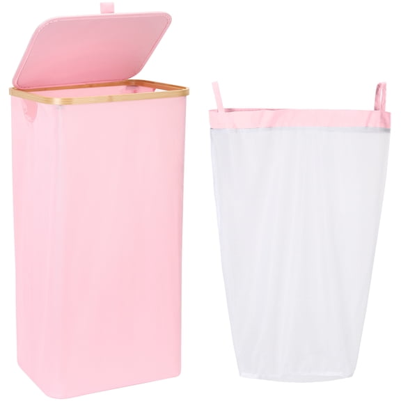 Sea Team 90L Extra Large Capacity Laundry Hamper with Lid, Removable Bag & Bamboo Handles, Foldable Dirty Clothes Bin for Family, Laundry Room, Bedroom & Closet, Pink