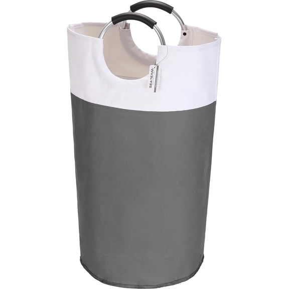 Sea Team 90L Large Size Collapsible Laundry Hamper, Waterproof Laundry Basket with Foam Padded Aluminum Handles, Portable Storage Basket for Laundromat Home Storage, Grey