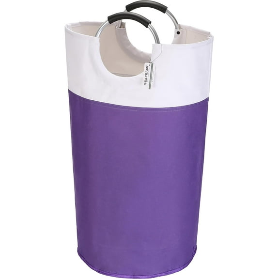 Sea Team 90L Large Size Collapsible Laundry Hamper, Waterproof Laundry Basket with Foam Padded Aluminum Handles, Portable Storage Basket for Laundromat Home Storage, Purple