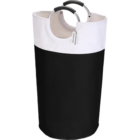 Sea Team 90L Large Size Collapsible Laundry Hamper, Waterproof Laundry Basket with Foam Padded Aluminum Handles, Portable Storage Basket for Laundromat Home Storage, Black