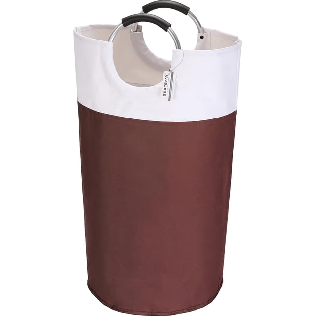 Sea Team 90L Large Size Collapsible Laundry Hamper, Waterproof Laundry Basket with Foam Padded Aluminum Handles, Portable Storage Basket for Laundromat Home Storage, Brown