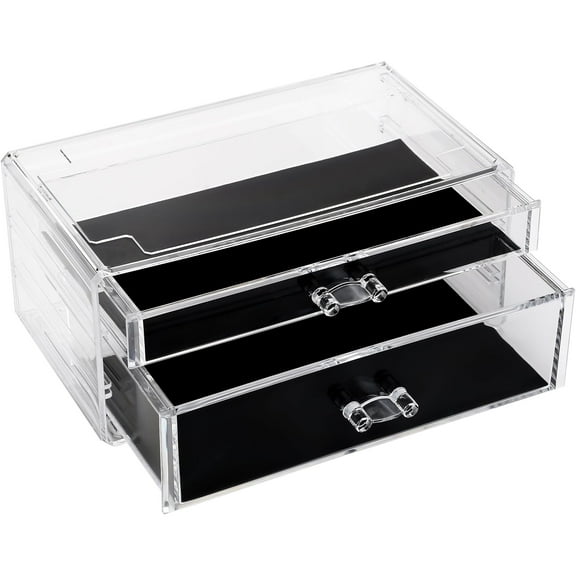 Sea Team Clear Makeup Organizer with Drawers, Acrylic Plastic Cosmetic Display Case, Jewelry Storage Box, Holder for Dresser, Bathroom, Vanity, Countertop (1 Large, 1 Middle Drawers)