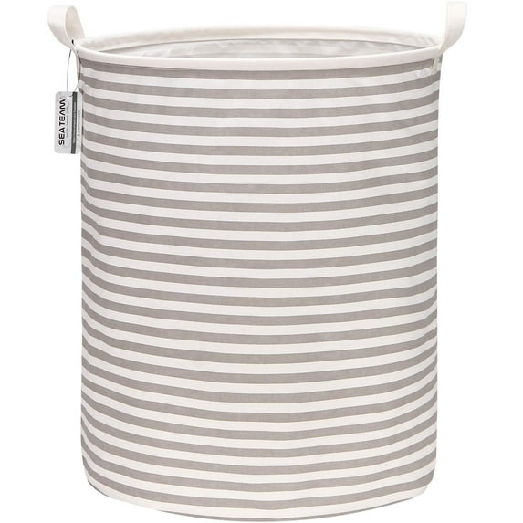 Sea Team Collapsible Canvas Fabric Laundry Hamper with Handles, Cylindric Waterproof Storage Basket, Closet Organizer, 19.7 x 15.7 Inches, Grey Stripe
