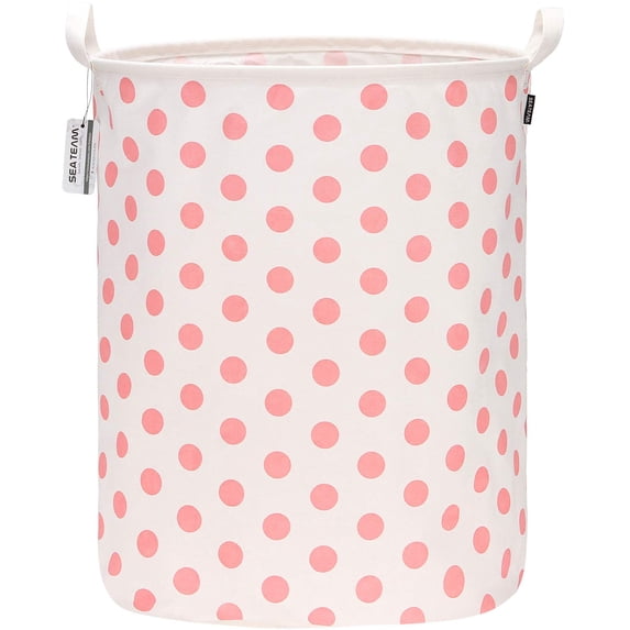 Sea Team Collapsible Canvas Fabric Laundry Hamper with Handles, Cylindric Waterproof Storage Basket, Closet Organizer, 19.7 x 15.7 Inches, Pink Dot