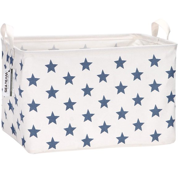 Sea Team Collapsible Canvas Fabric Storage Basket with Handles, Rectangle Waterproof Storage Bin, Box, Cube, Foldable Shelf Basket, Closet Organizer, 16.5 x 11.8 x 9.8 Inches, Navy Star