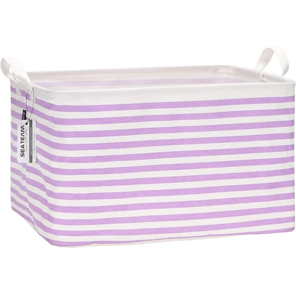 Sea Team Collapsible Canvas Fabric Storage Basket with Handles, Rectangle Waterproof Storage Bin, Box, Cube, Foldable Shelf Basket, Closet Organizer, 16.5 x 11.8 x 9.8 Inches, Purple Stripe