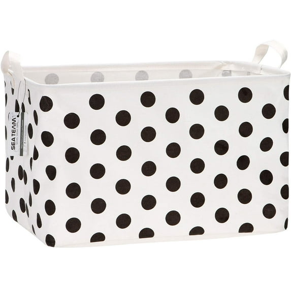 Sea Team Collapsible Canvas Fabric Storage Basket with Handles, Rectangle Waterproof Storage Bin, Box, Cube, Foldable Shelf Basket, Closet Organizer, 16.5 x 11.8 x 9.8 Inches, Black Dot