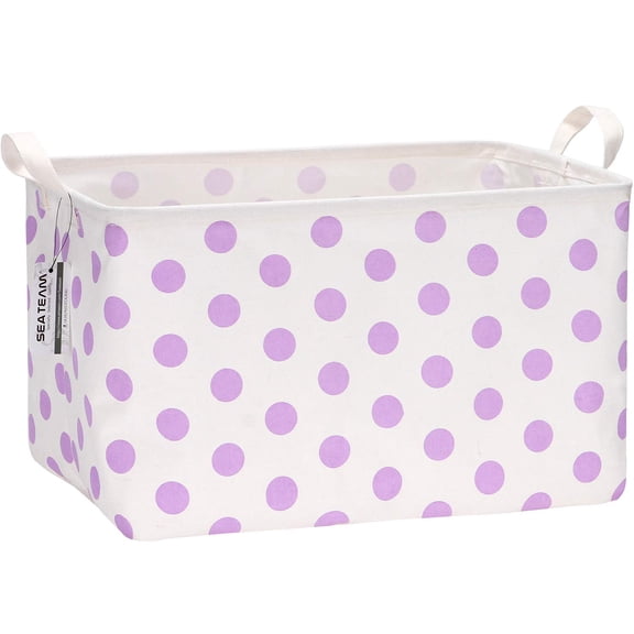Sea Team Collapsible Canvas Fabric Storage Basket with Handles, Rectangle Waterproof Storage Bin, Box, Cube, Foldable Shelf Basket, Closet Organizer, 16.5 x 11.8 x 9.8 Inches, Purple Dot