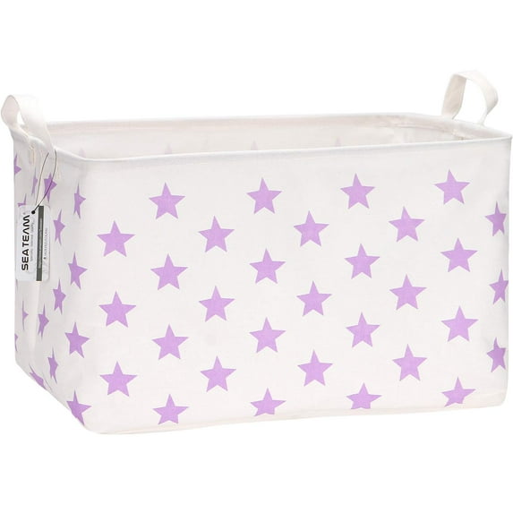 Sea Team Collapsible Canvas Fabric Storage Basket with Handles, Rectangle Waterproof Storage Bin, Box, Cube, Foldable Shelf Basket, Closet Organizer, 16.5 x 11.8 x 9.8 Inches, Purple Star