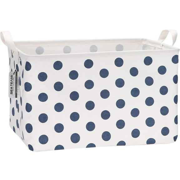 Sea Team Collapsible Canvas Fabric Storage Basket with Handles, Rectangle Waterproof Storage Bin, Box, Cube, Foldable Shelf Basket, Closet Organizer, 16.5 x 11.8 x 9.8 Inches, Navy Dot